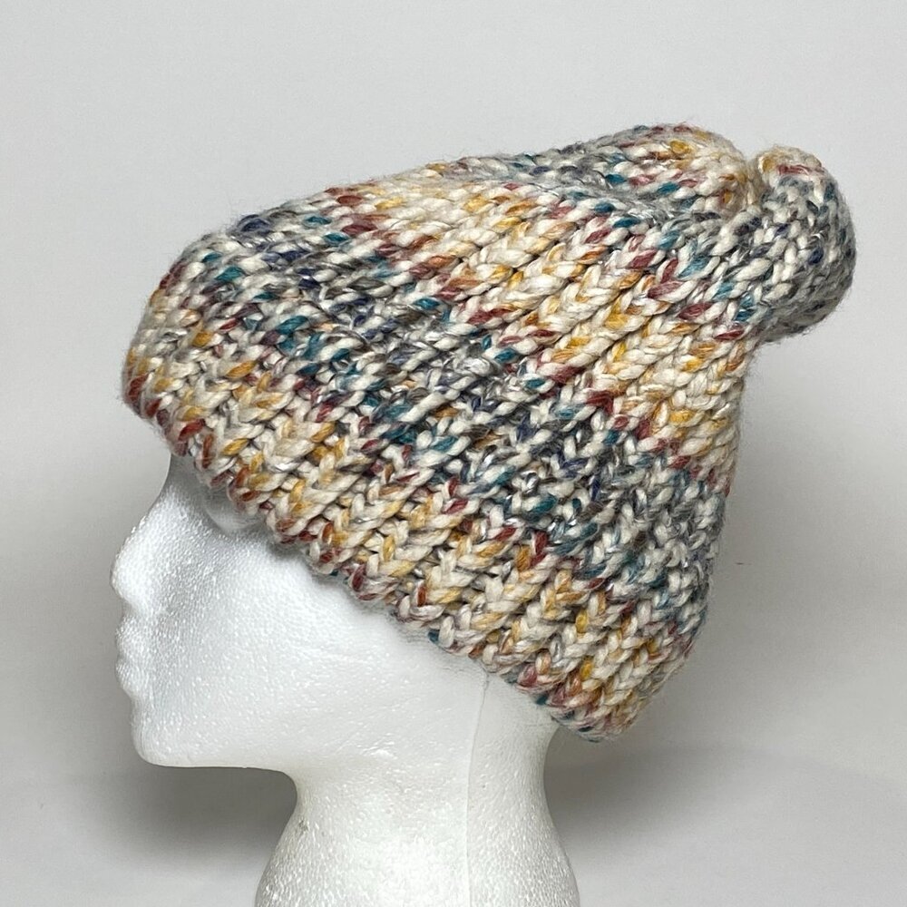 Vintage Hand Knitted Multicolor Slouch Beanie Hat Adults One Size Winter Ski
